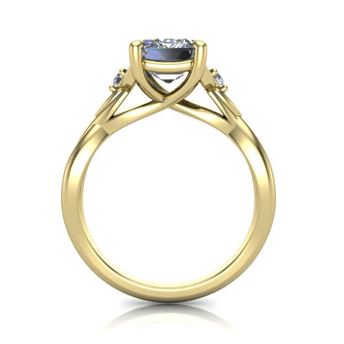 Catalina emerald three stone engagement ring in 18K Yellow Gold, through-finger front profile showing the three-stone head and woven infinity shank