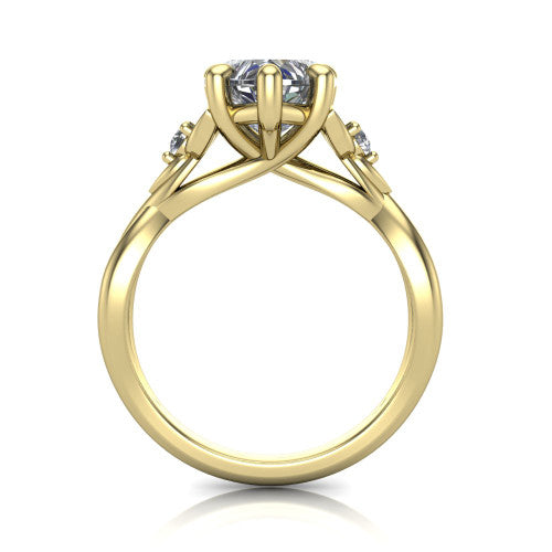 Catalina heart three stone engagement ring in 18K Yellow Gold, through-finger front profile showing the three-stone head and woven infinity shank