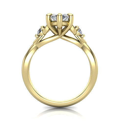 Catalina marquise three stone engagement ring in 18K Yellow Gold, through-finger front profile showing the three-stone head and woven infinity shank