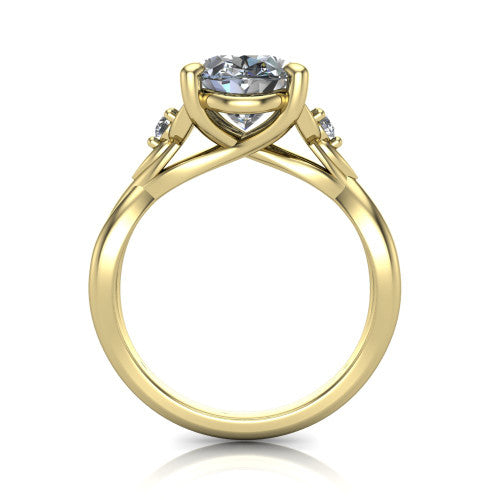 Catalina oval three stone engagement ring in 18K Yellow Gold, through-finger front profile showing the three-stone head and woven infinity shank
