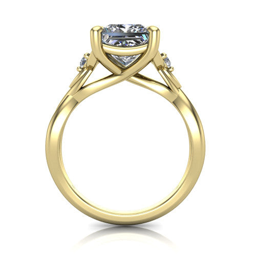 Catalina princess three stone engagement ring in 18K Yellow Gold, through-finger front profile showing the three-stone head and woven infinity shank