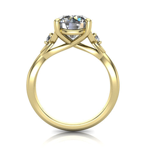 Catalina round three stone engagement ring in 18K Yellow Gold, through-finger front profile showing the three-stone head and woven infinity shank