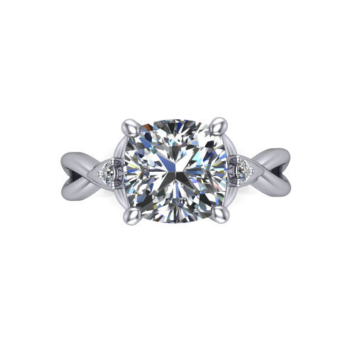 Catalina cushion three stone engagement ring in 14K White Gold, top-down view showing the brilliant cushion-cut center diamond with two small round side accent diamonds