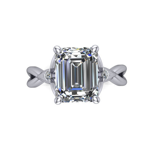 Catalina emerald three stone engagement ring in 14K White Gold, top-down view showing the step-cut emerald center diamond with two small round side accent diamonds