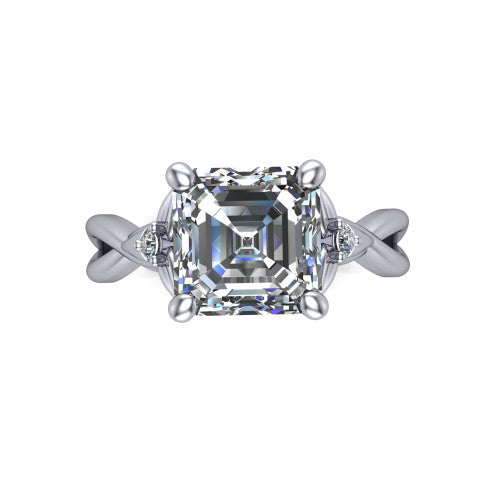 Catalina square emerald three stone engagement ring in 14K White Gold, top-down view showing the step-cut square emerald center diamond with two small round side accent diamonds