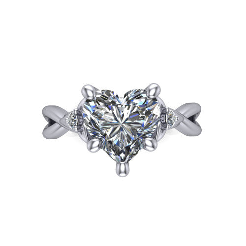 Catalina heart three stone engagement ring in 14K White Gold, top-down view showing the brilliant heart-shaped center diamond with two small round side accent diamonds