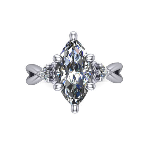 Catalina marquise three stone engagement ring in Platinum, top-down view showing the brilliant marquise center diamond with two small round side accent diamonds