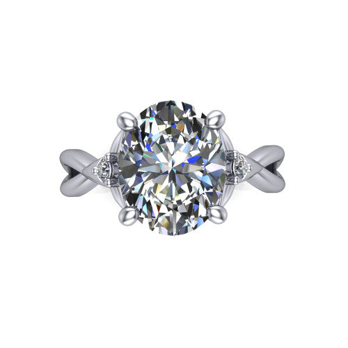 Catalina oval three stone engagement ring in 18K White Gold, top-down view showing the brilliant oval center diamond with two small round side accent diamonds