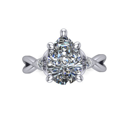 Catalina pear three stone engagement ring in 14K White Gold, top-down view showing the brilliant pear-cut center diamond with two small round side accent diamonds
