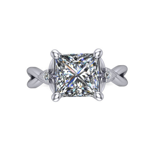 Catalina princess three stone engagement ring in 14K White Gold, top-down view showing the brilliant princess-cut center diamond with two small round side accent diamonds