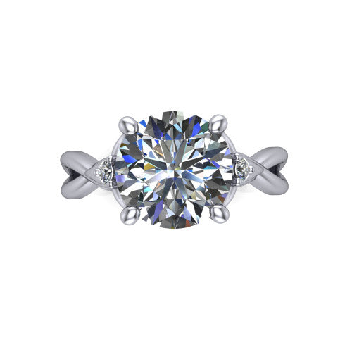 Catalina round three stone engagement ring in Platinum, top-down view showing the brilliant round center diamond with two small round side accent diamonds