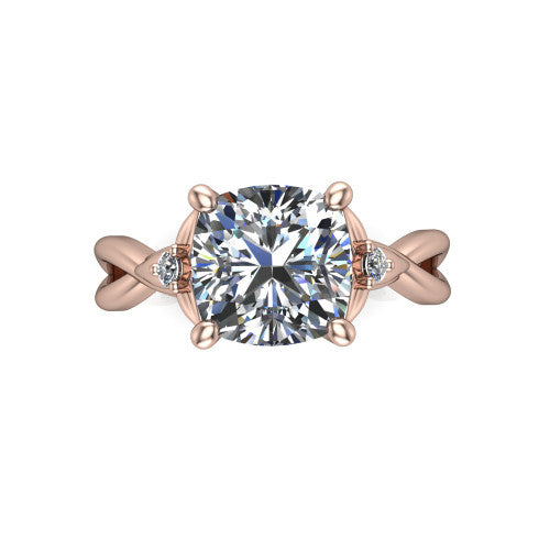 Catalina cushion three stone engagement ring in 18K Rose Gold, top-down view showing the brilliant cushion-cut center diamond with two small round side accent diamonds