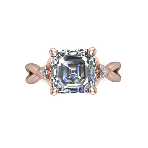 Catalina square emerald three stone engagement ring in 18K Rose Gold, top-down view showing the step-cut square emerald center diamond with two small round side accent diamonds