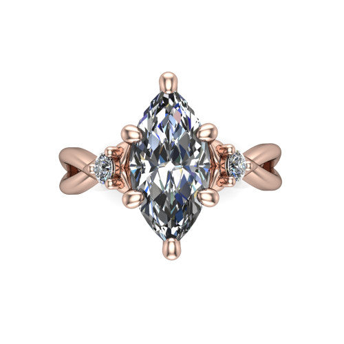 Catalina marquise three stone engagement ring in 18K Rose Gold, top-down view showing the brilliant marquise center diamond with two small round side accent diamonds