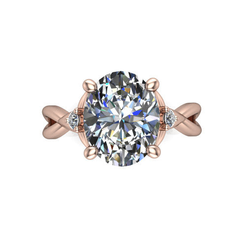 Catalina oval three stone engagement ring in 14K Rose Gold, top-down view showing the brilliant oval center diamond with two small round side accent diamonds