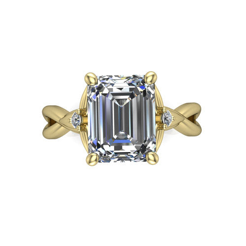 Catalina emerald three stone engagement ring in 18K Yellow Gold, top-down view showing the step-cut emerald center diamond with two small round side accent diamonds