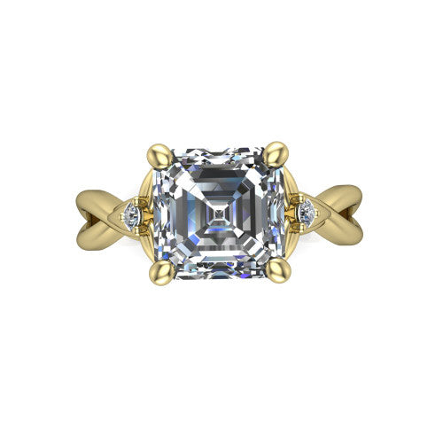 Catalina square emerald three stone engagement ring in 14K Yellow Gold, top-down view showing the step-cut square emerald center diamond with two small round side accent diamonds
