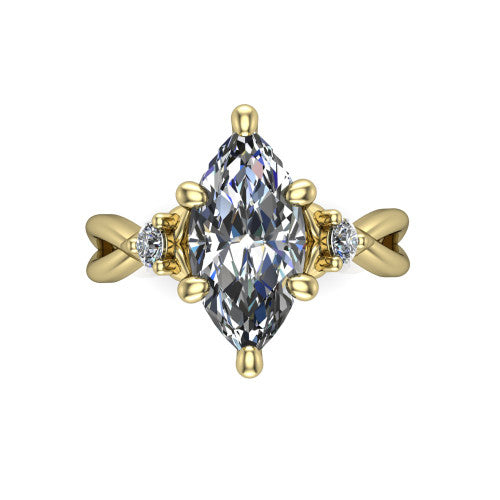 Catalina marquise three stone engagement ring in 14K Yellow Gold, top-down view showing the brilliant marquise center diamond with two small round side accent diamonds