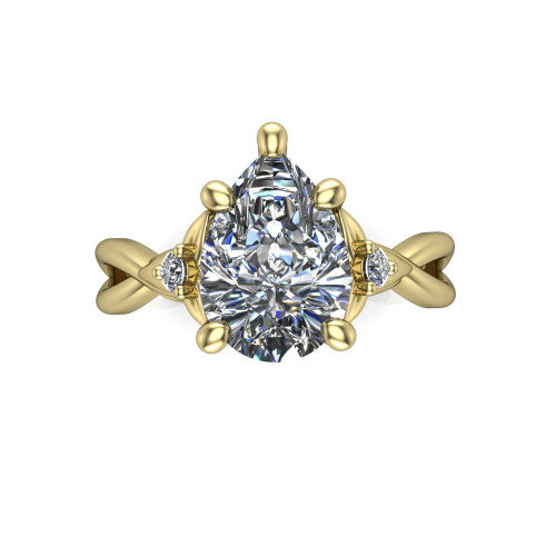 Catalina pear three stone engagement ring in 18K Yellow Gold, top-down view showing the brilliant pear-cut center diamond with two small round side accent diamonds