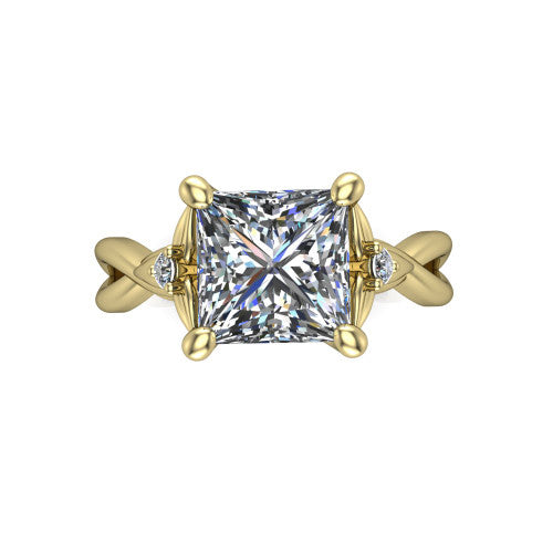 Catalina princess three stone engagement ring in 18K Yellow Gold, top-down view showing the brilliant princess-cut center diamond with two small round side accent diamonds