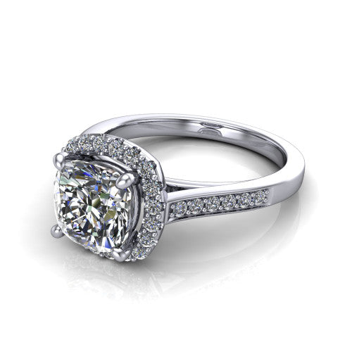 Brooke cushion halo engagement ring in 14K White Gold, three-quarter perspective showing the haloed center above a slim pav&eacute; band with a peekaboo gallery accent