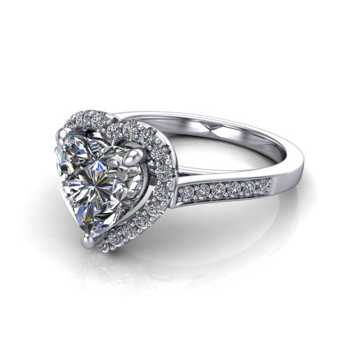 Brooke heart halo engagement ring in 14K White Gold, three-quarter perspective showing the haloed center above a slim pav&eacute; band with a peekaboo gallery accent