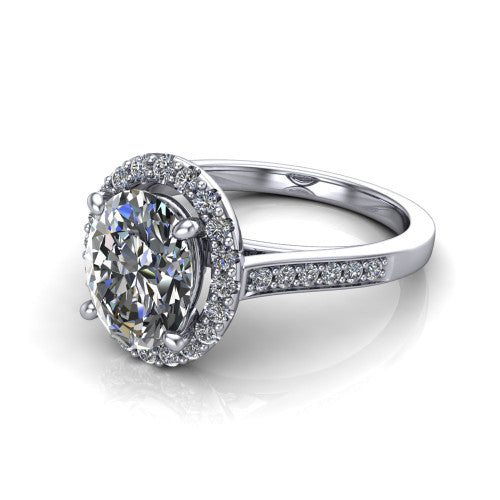Brooke oval halo engagement ring in 14K White Gold, three-quarter perspective showing the haloed center above a slim pav&eacute; band with a peekaboo gallery accent