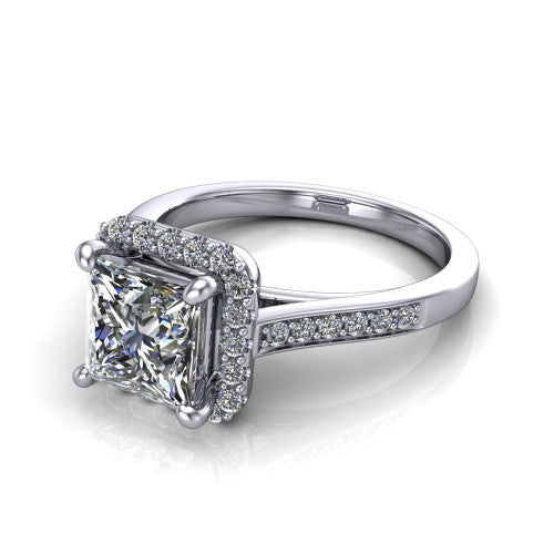Brooke princess halo engagement ring in 14K White Gold, three-quarter perspective showing the haloed center above a slim pav&eacute; band with a peekaboo gallery accent