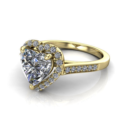 Brooke heart halo engagement ring in 14K Yellow Gold, three-quarter perspective showing the haloed center above a slim pav&eacute; band with a peekaboo gallery accent