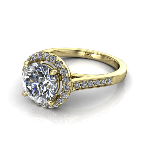 Brooke round halo engagement ring in 14K Yellow Gold, three-quarter perspective showing the haloed center above a slim pav&eacute; band with a peekaboo gallery accent