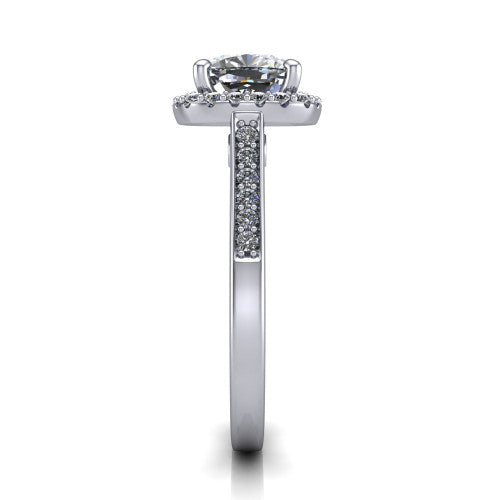 Brooke cushion halo engagement ring in 14K White Gold, side profile showing the pav&eacute; band and the gallery accent in profile