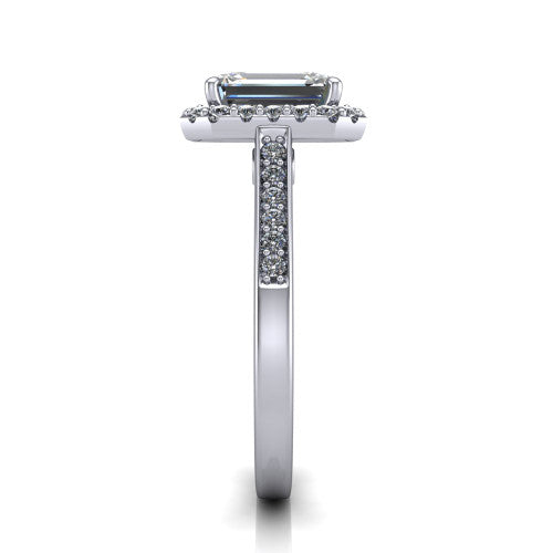 Brooke emerald halo engagement ring in Platinum, side profile showing the pav&eacute; band and the gallery accent in profile