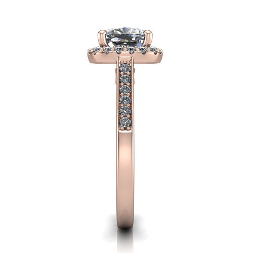 Brooke cushion halo engagement ring in 14K Rose Gold, side profile showing the pav&eacute; band and the gallery accent in profile