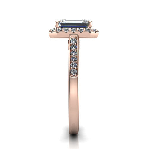 Brooke emerald halo engagement ring in 18K Rose Gold, side profile showing the pav&eacute; band and the gallery accent in profile