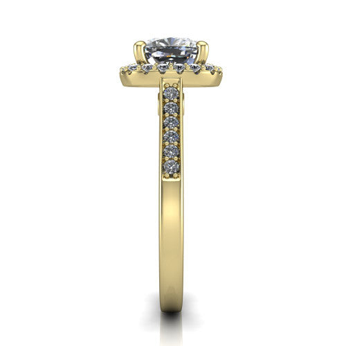 Brooke cushion halo engagement ring in 18K Yellow Gold, side profile showing the pav&eacute; band and the gallery accent in profile