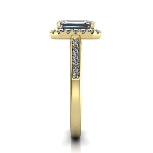 Brooke emerald halo engagement ring in 18K Yellow Gold, side profile showing the pav&eacute; band and the gallery accent in profile