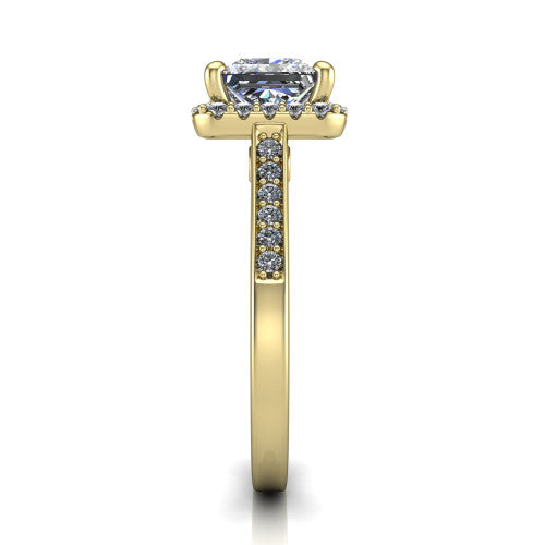 Brooke princess halo engagement ring in 14K Yellow Gold, side profile showing the pav&eacute; band and the gallery accent in profile