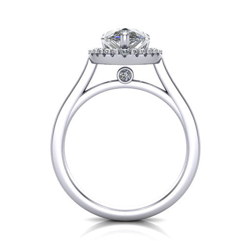 Brooke pear halo engagement ring in 14K White Gold, through-finger front profile showing the cathedral gallery with a bezel-set peekaboo diamond beneath the center