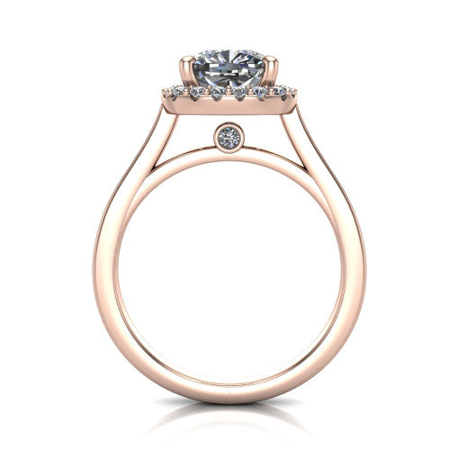 Brooke cushion halo engagement ring in 14K Rose Gold, through-finger front profile showing the cathedral gallery with a bezel-set peekaboo diamond beneath the center