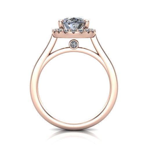 Brooke oval halo engagement ring in 14K Rose Gold, through-finger front profile showing the cathedral gallery with a bezel-set peekaboo diamond beneath the center