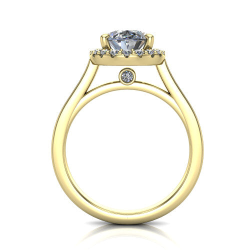 Brooke oval halo engagement ring in 14K Yellow Gold, through-finger front profile showing the cathedral gallery with a bezel-set peekaboo diamond beneath the center