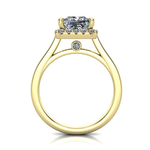 Brooke princess halo engagement ring in 14K Yellow Gold, through-finger front profile showing the cathedral gallery with a bezel-set peekaboo diamond beneath the center