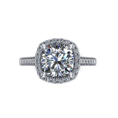 Brooke cushion halo engagement ring in Platinum, top-down view showing the center framed by a cushion pav&eacute; halo with compass prongs