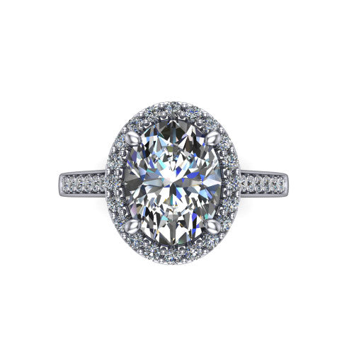 Brooke oval halo engagement ring in Platinum, top-down view showing the center framed by a oval pav&eacute; halo with compass prongs