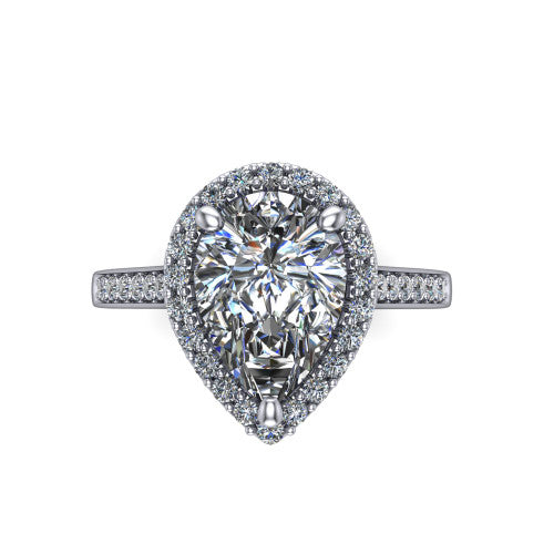 Brooke pear halo engagement ring in 14K White Gold, top-down view showing the center framed by a pear pav&eacute; halo with compass prongs