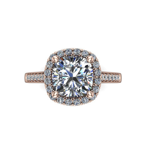 Brooke cushion halo engagement ring in 18K Rose Gold, top-down view showing the center framed by a cushion pav&eacute; halo with compass prongs