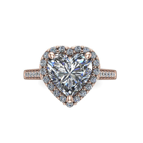 Brooke heart halo engagement ring in 14K Rose Gold, top-down view showing the center framed by a heart pav&eacute; halo with compass prongs
