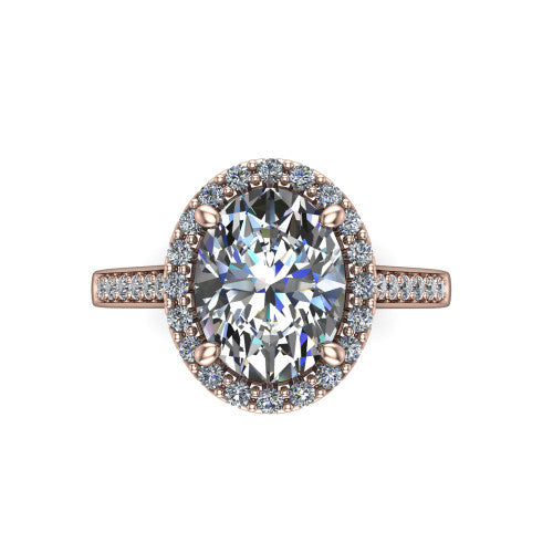 Brooke oval halo engagement ring in 14K Rose Gold, top-down view showing the center framed by a oval pav&eacute; halo with compass prongs