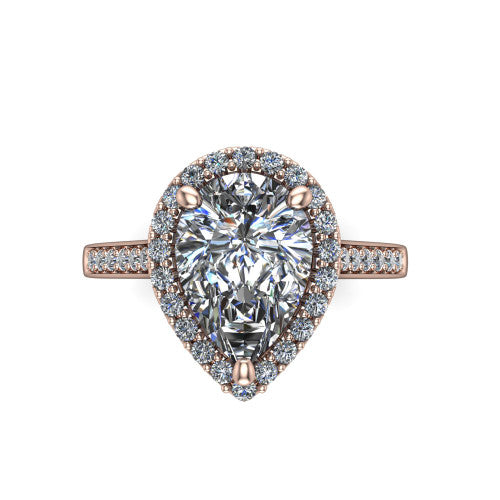 Brooke pear halo engagement ring in 14K Rose Gold, top-down view showing the center framed by a pear pav&eacute; halo with compass prongs