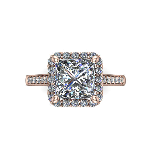 Brooke princess halo engagement ring in 14K Rose Gold, top-down view showing the center framed by a square pav&eacute; halo with compass prongs